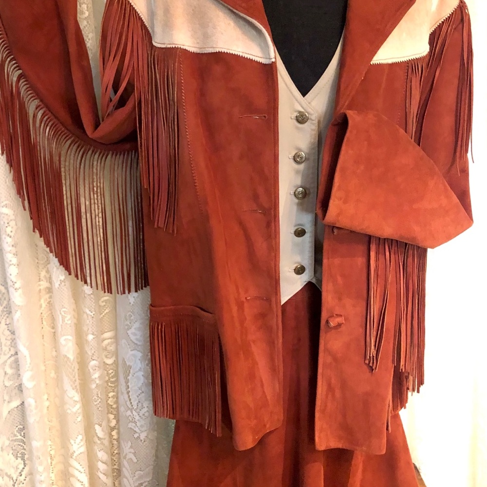 1950 Western Desert Suede fringe leather jacket pants skirt suit H Bar C museum - Picture 4 of 16